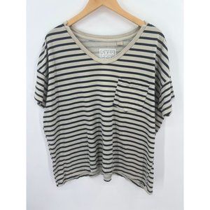 Skargorn #61 Women Size Medium Cream and Blue Stripe Boxy Short Sleeve T-Shirt